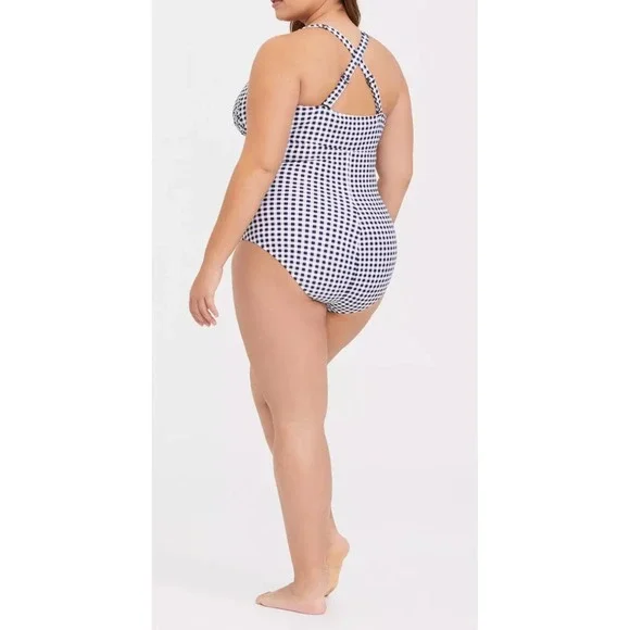 Torrid Navy Gingham Tie Front Wireless Ruched One-Piece Swimsuit Plus Size 4 4X - Picture 13 of 16